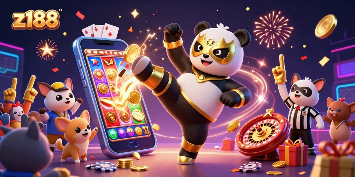 Experience exciting gameplay with z188 showcased in a dynamic scene featuring colorful slot games and cartoon characters.