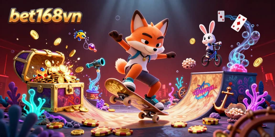 Experience thrilling gaming action with bet168vn as a 3D fox skater and BMX rabbit enhance your casino adventure.