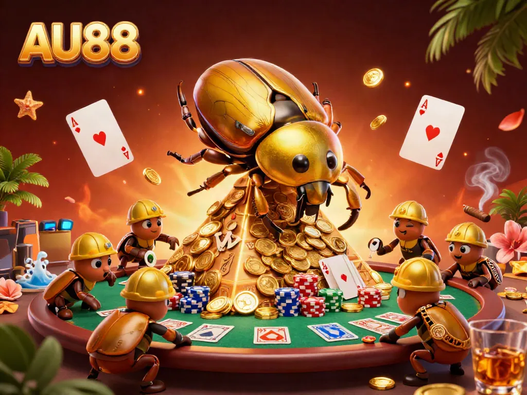 Experience the excitement of AU88 with a golden dung beetle rolling coin treasures in a vibrant casino scene.
