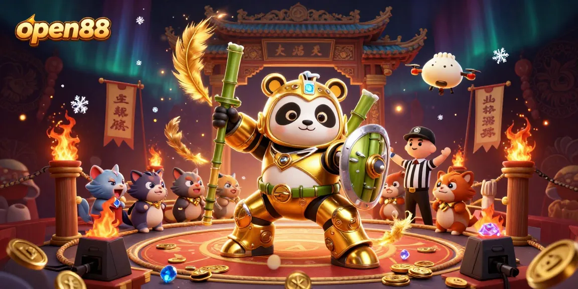 Engage with the open88 gaming experience featuring a golden panda in a dynamic gambling arena.