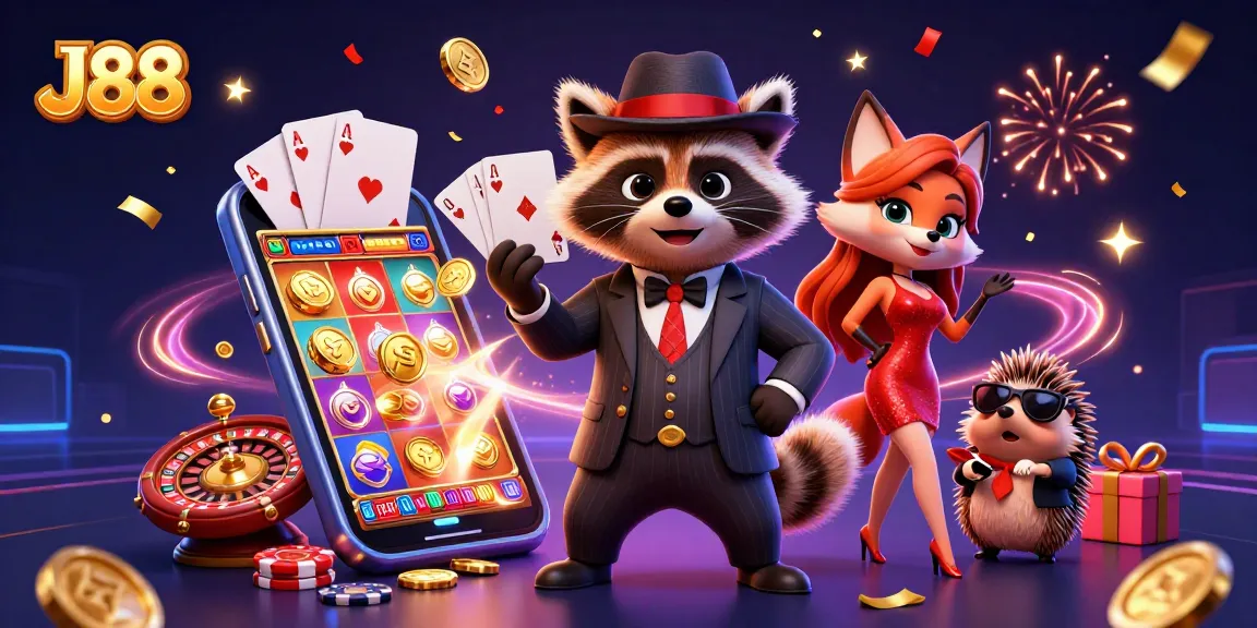 J88 offers thrilling gaming action with raccoon, fox, and hedgehog in a vibrant casino setting.