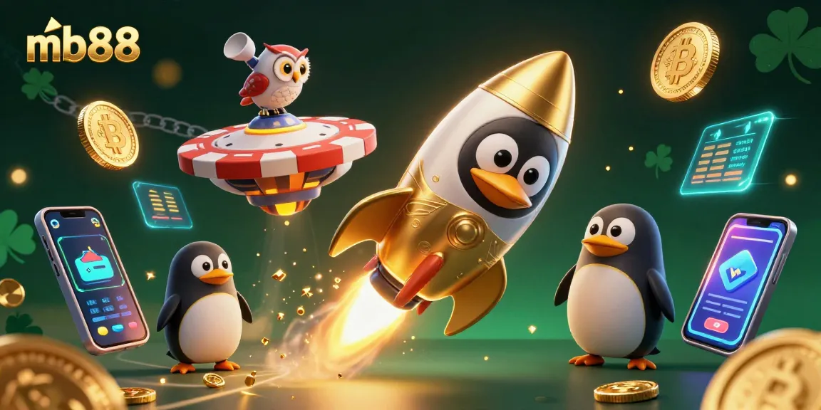 Effortlessly winning with mb88, chase jackpots in an imaginative golden penguin casino scene.
