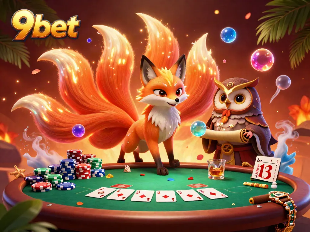 Engage in thrilling gameplay at 9bet with a colorful casino scene featuring a nine-tailed fox spirit and poker elements.
