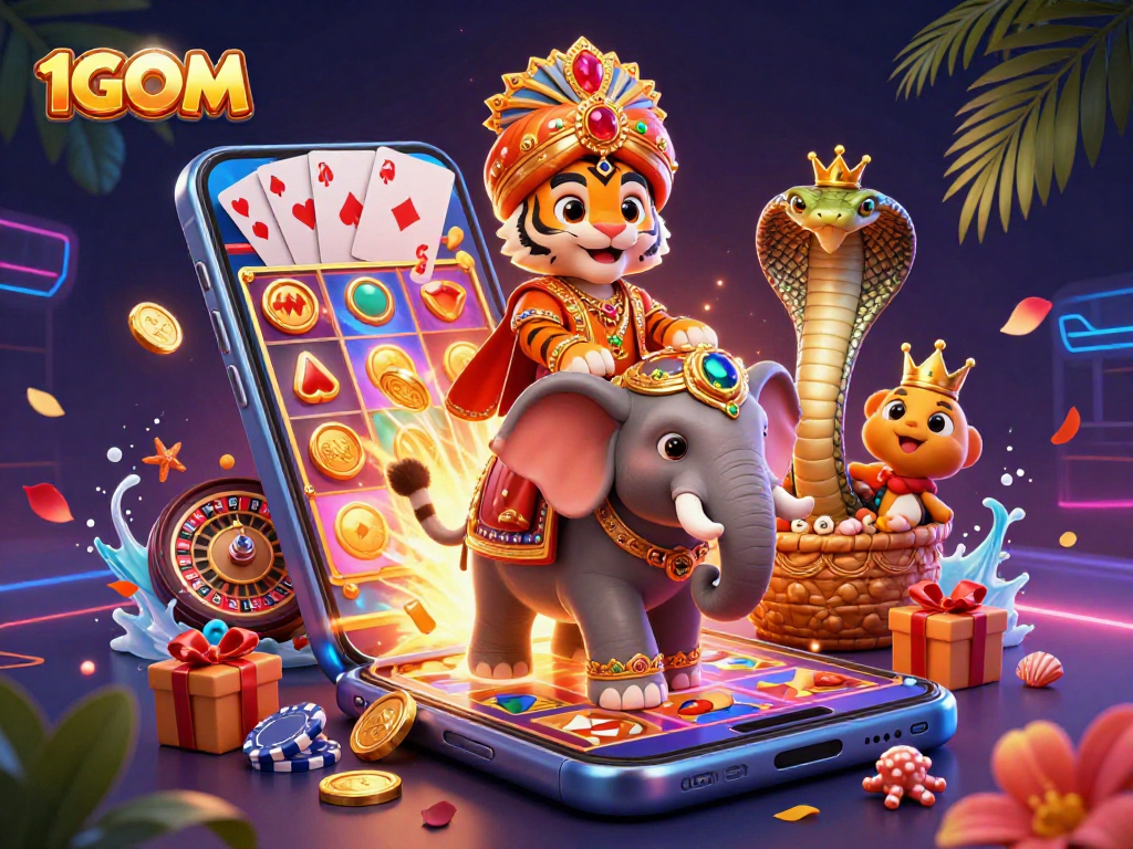 Engage with 1GOM's vibrant 3D casino illustration showcasing thrilling gaming elements.