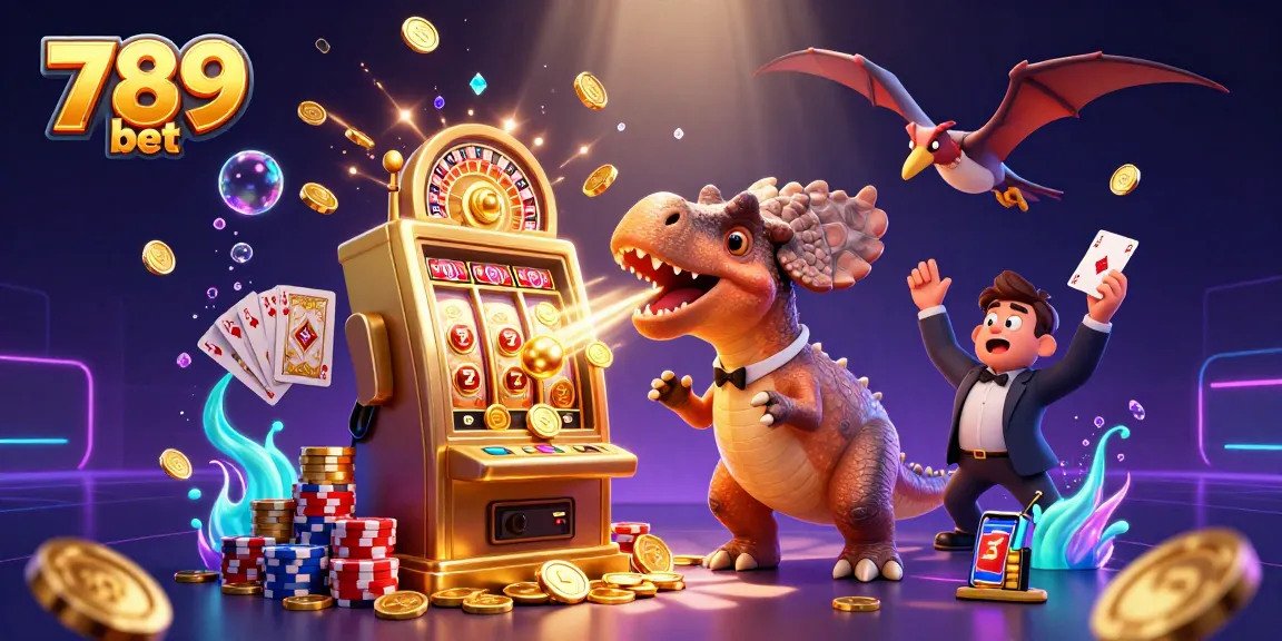 Experience the excitement of 789 bet with a thrilling scene of cartoon dinosaurs, jackpots, and casino elements.