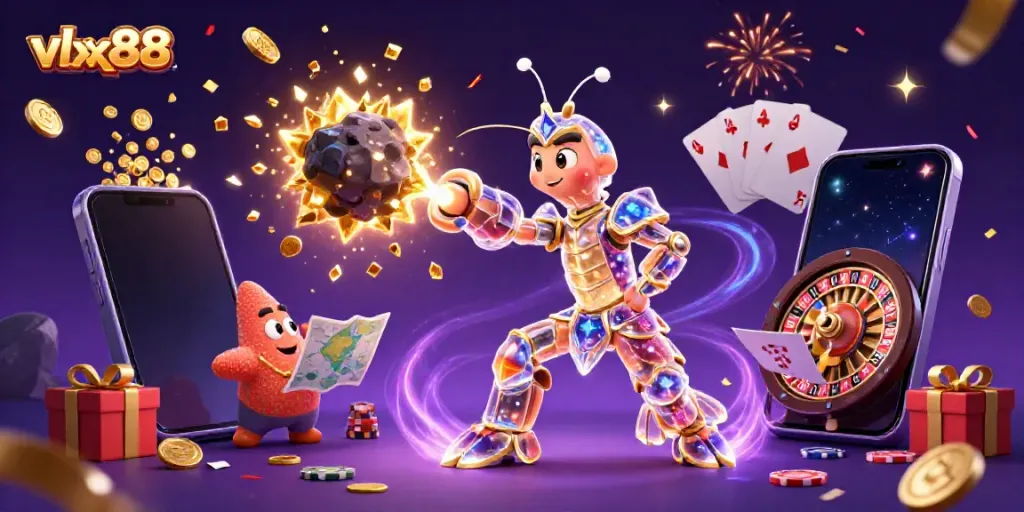 Experience thrilling gameplay with vlxx88, featuring a galactic character in an explosive casino scene.