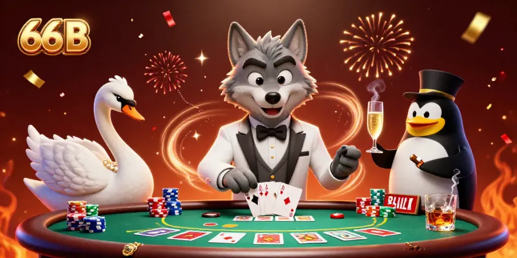Celebrate with the 66 B casino action featuring a charismatic wolf and elegant swan dealing cards.