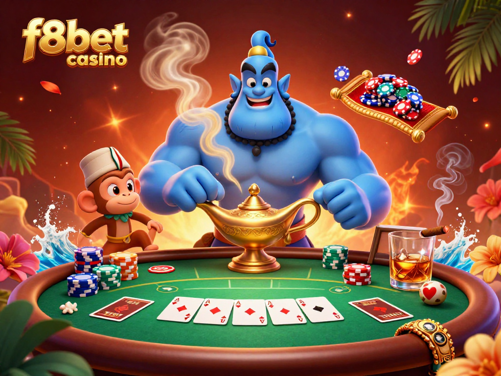 Experience thrilling gaming at f8bet casino with our vibrant poker scene featuring a genie and monkey.