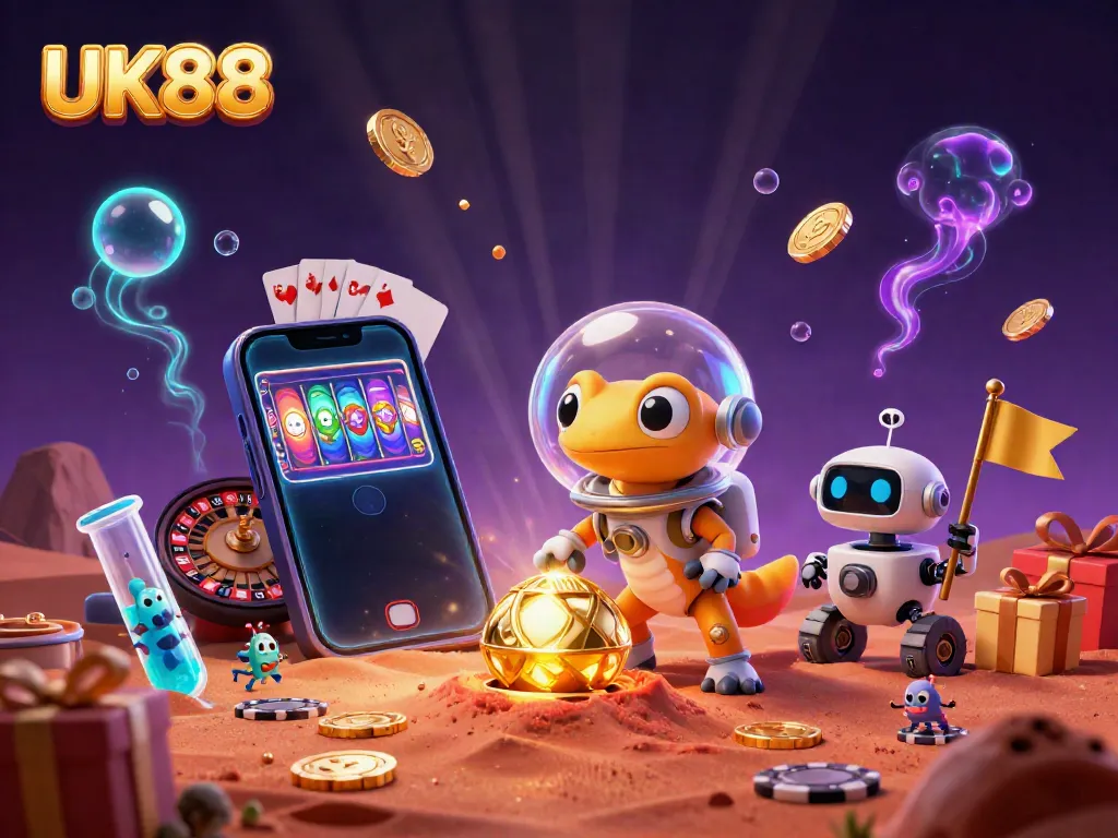 Experience thrilling casino adventures with UK88 in a vibrant Martian scene filled with slots and cheer.