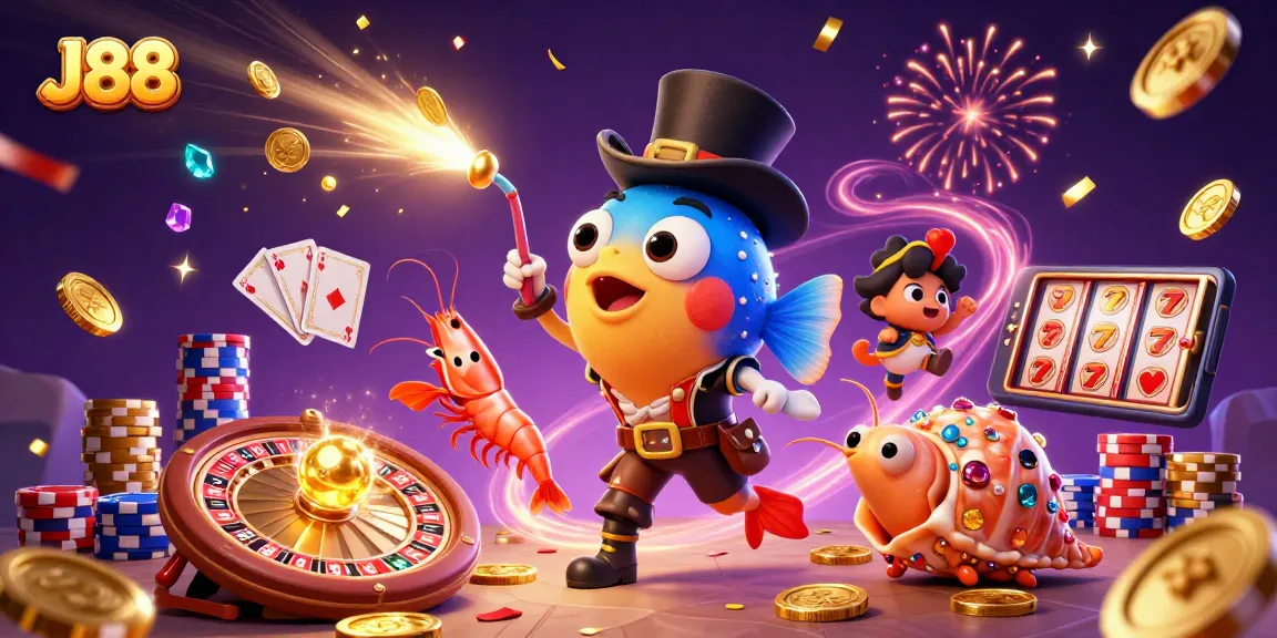 Experience J88's vibrant gaming scene with deep-sea characters and winning treasures in an exciting casino world.