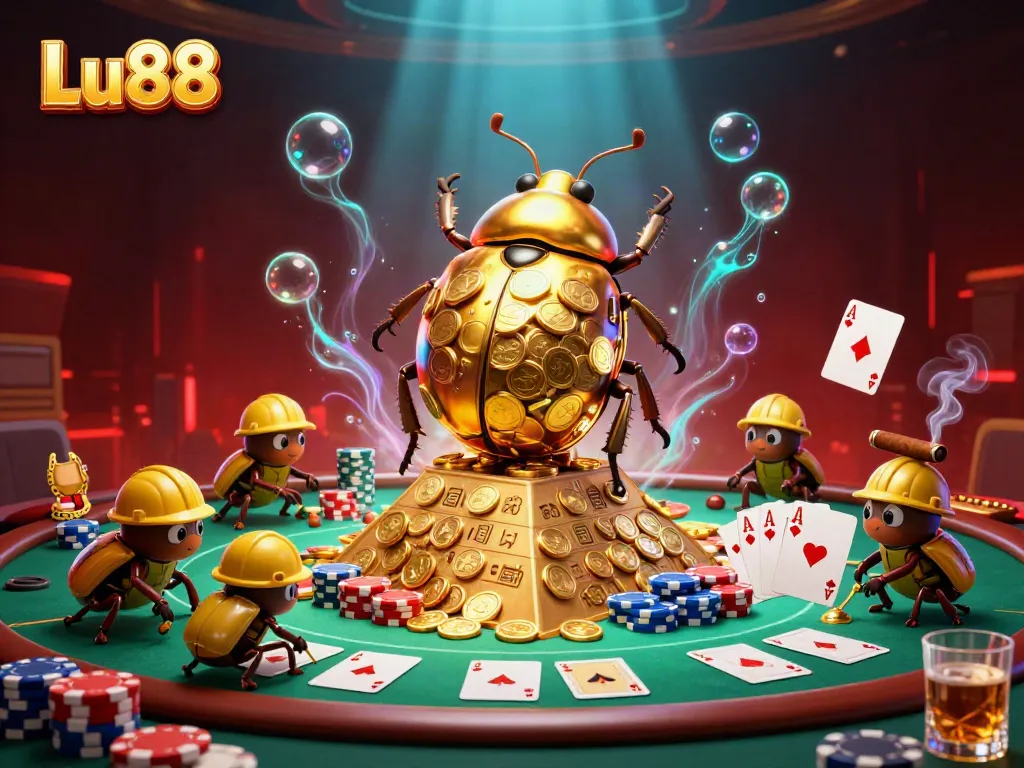 Engage with Lu88's vibrant casino world featuring golden beetles rolling coins and poker dynamics.