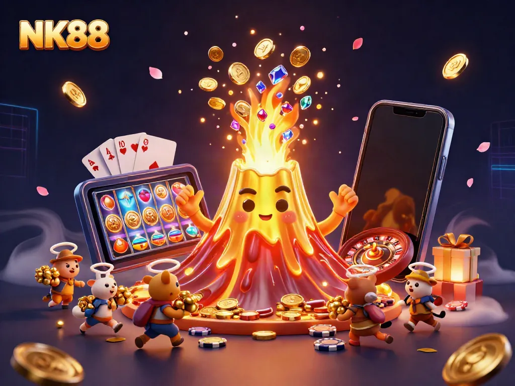Engaging NK88 casino illustration with a golden volcano and treasure adventure scene