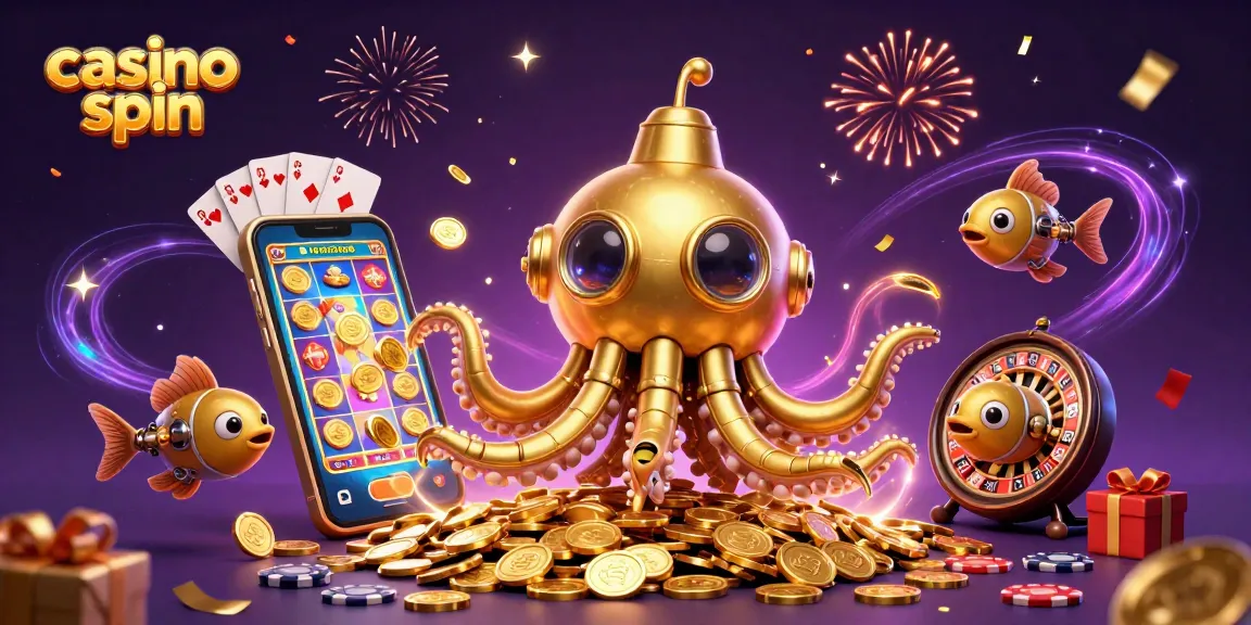 Engage in thrilling casino spin action with a cartoon kraken alongside vibrant game elements.