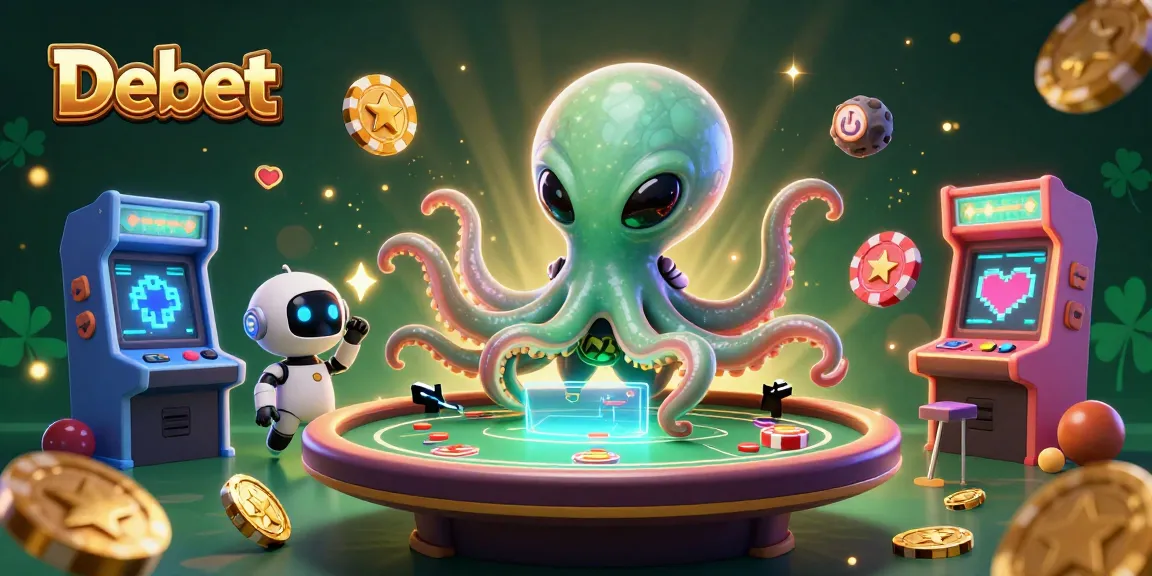 Experience Debet's thrilling gameplay with an alien octopus at a floating poker table.