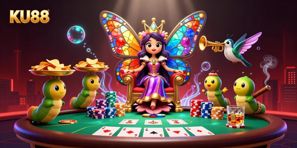 Engage with KU88's vibrant casino art featuring card games, chips, and illuminated characters.