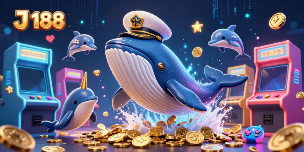 Engaging scene of J 188 with a whale, narwhal, and dolphins in a vibrant casino atmosphere