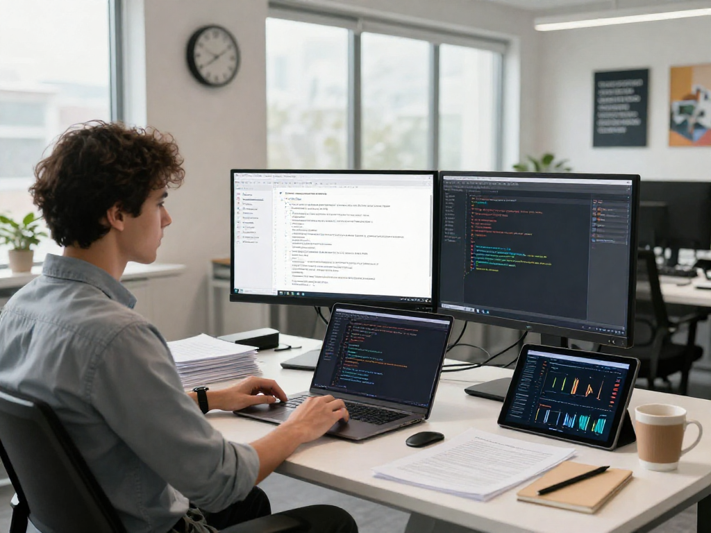Data analyst examining document fraud detection software in a modern workspace.