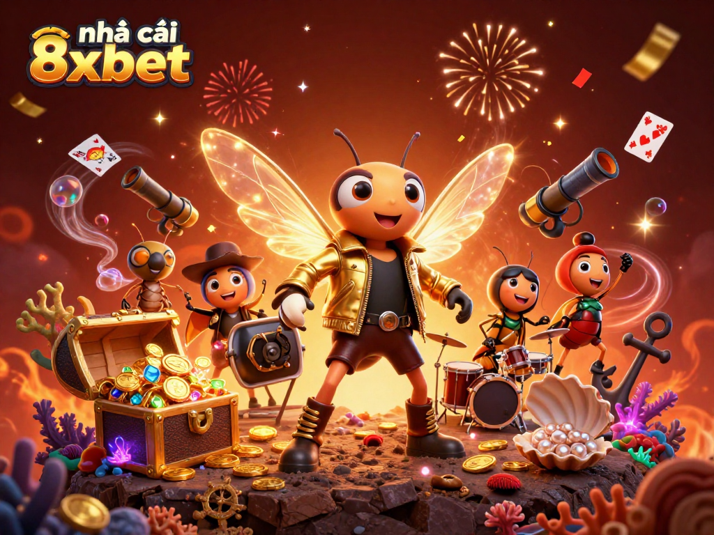 Experience the excitement of nhà cái 8xbet with dynamic characters celebrating a vibrant casino atmosphere.
