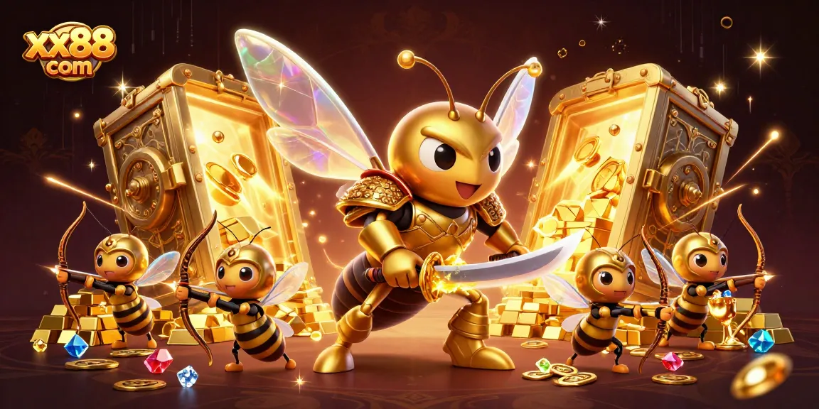 Experience the thrilling action at xx88 com with a vibrant 3D casino scene showcasing dynamic characters and golden treasures.