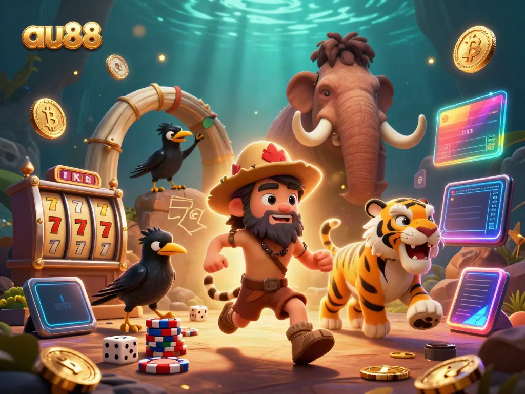 Experience thrilling games at au88's prehistoric casino with cavemen, a sabertooth tiger, and vibrant elements.