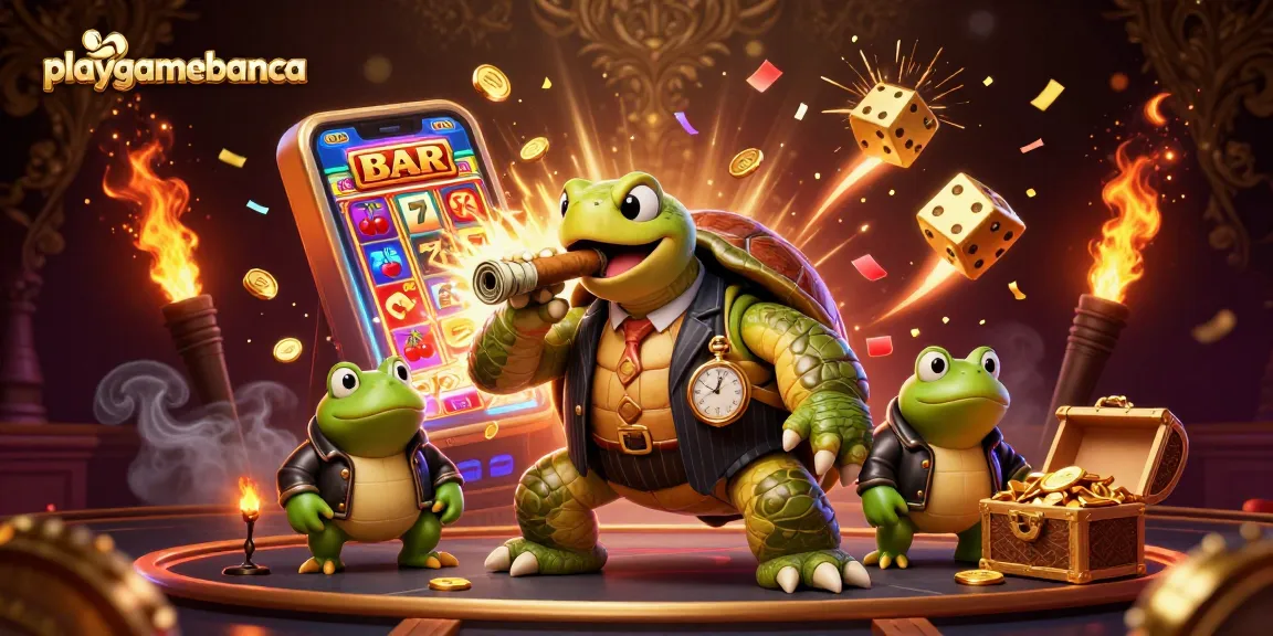 Experience the thrill of playgamebanca with a vibrant scene of casino action featuring a mobster turtle and bullfrog enforcers.