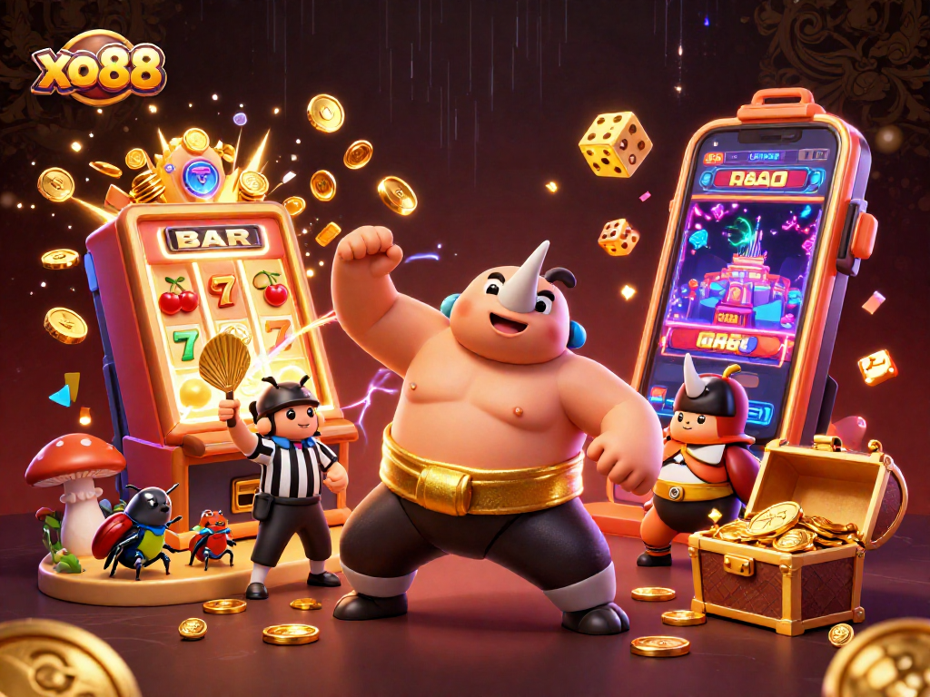 Experience the thrill of xo88 with an exciting sumo beetle stomping gold coins in a vibrant casino scene.