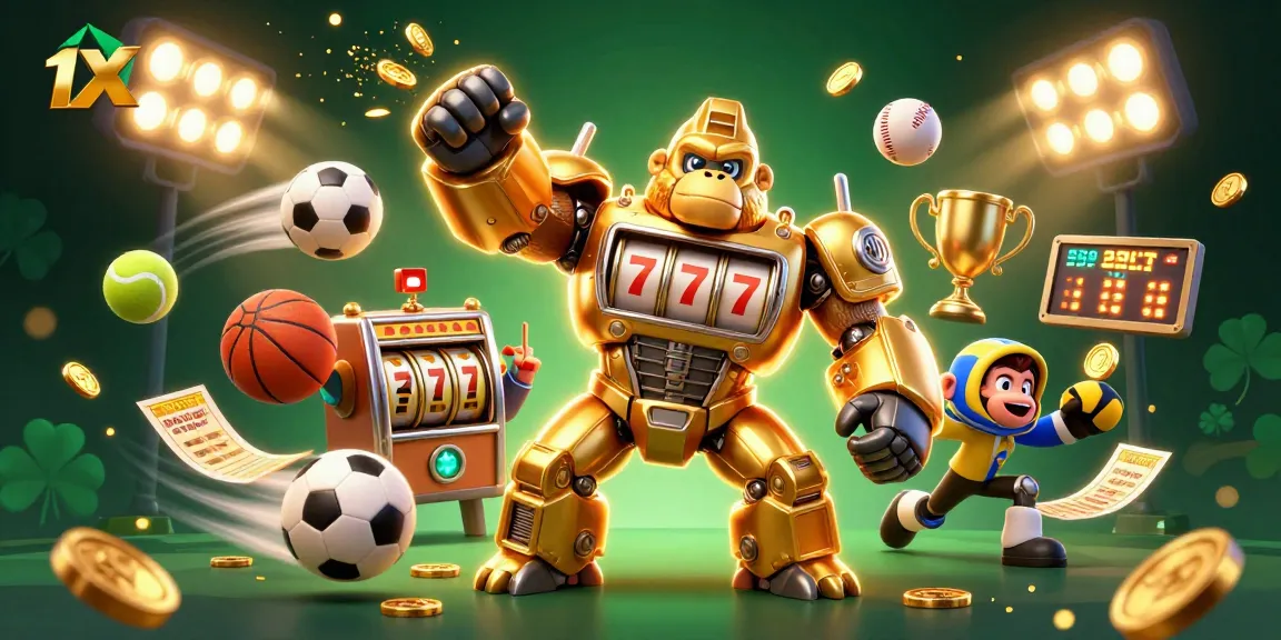 Experience thrilling action at 1xbet with a golden gorilla mech and dynamic sports elements