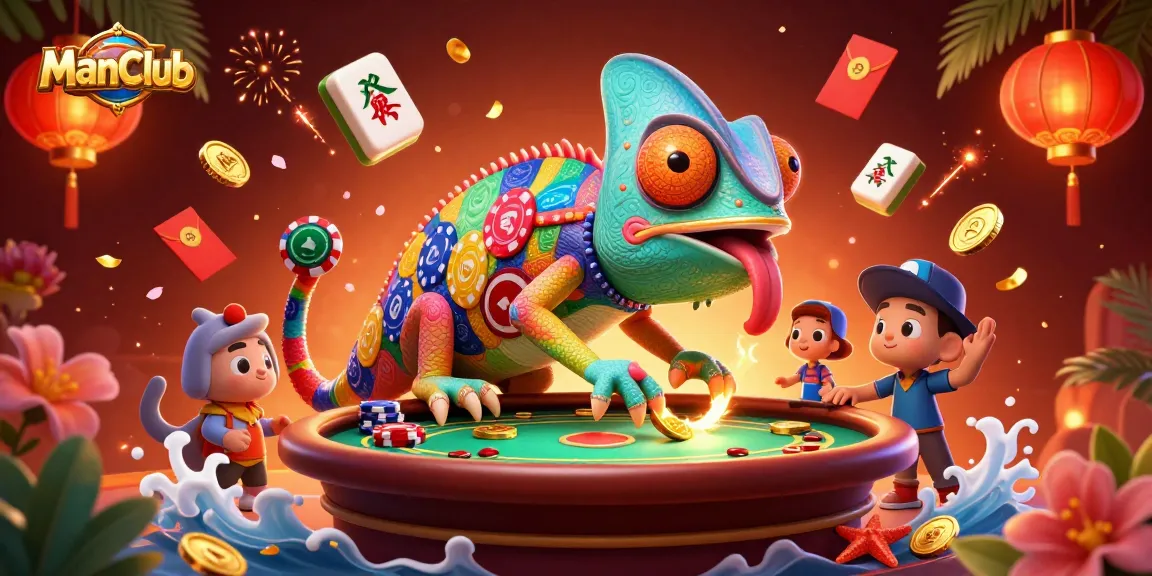 Engage in thrilling games at ManClub, featuring a vibrant chameleon casino owner surrounded by exciting casino elements.