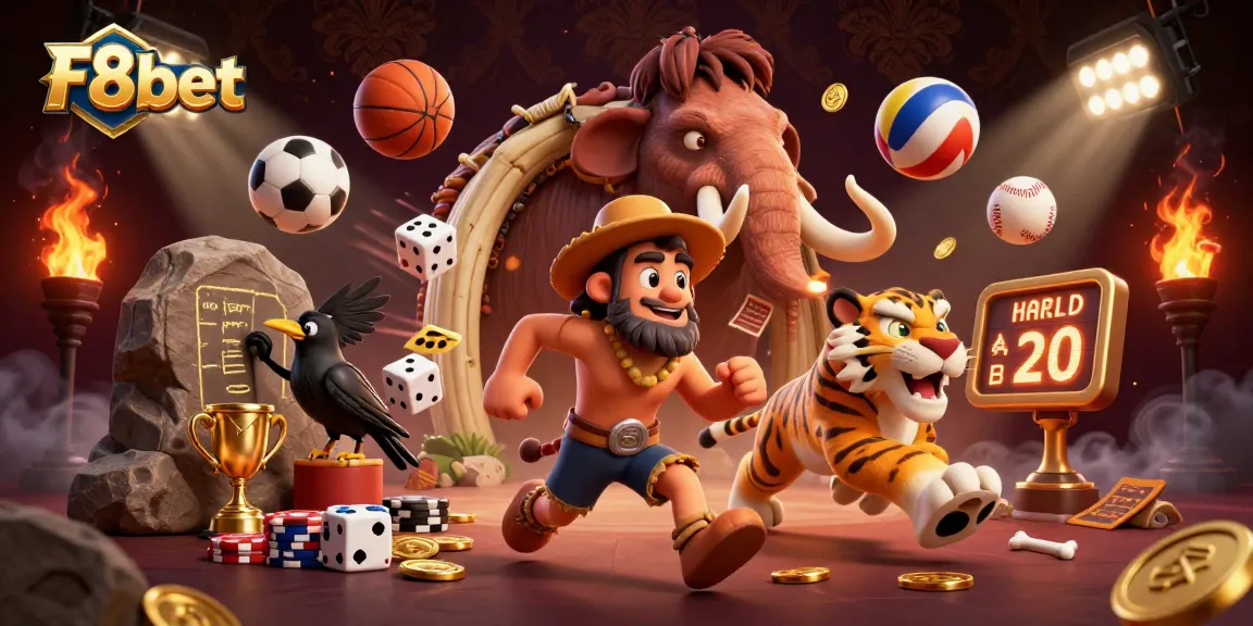 Experience F8bet's thrilling prehistoric casino with cartoon characters and dynamic elements.