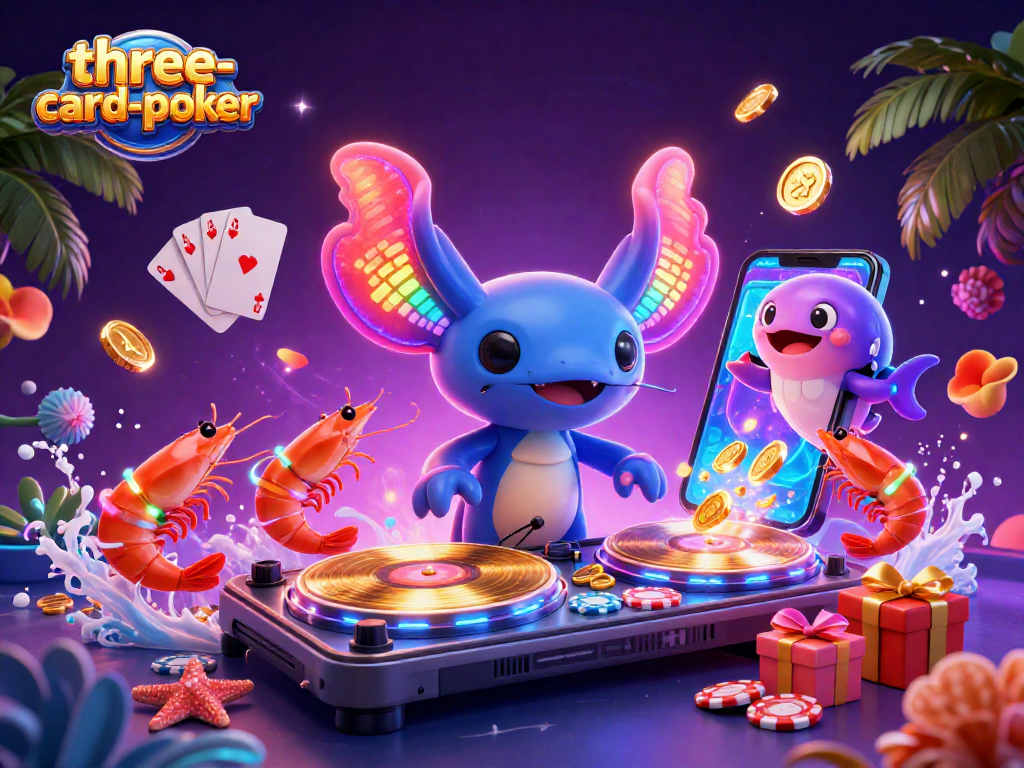 The three-card-poker illustration showcases a vibrant scene with a neon axolotl DJ and poker elements, highlighting gaming excitement.