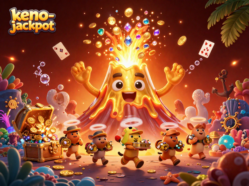 Experience the excitement of keno-jackpot as a golden volcano erupts treasures with playful animals in a vibrant casino scene.
