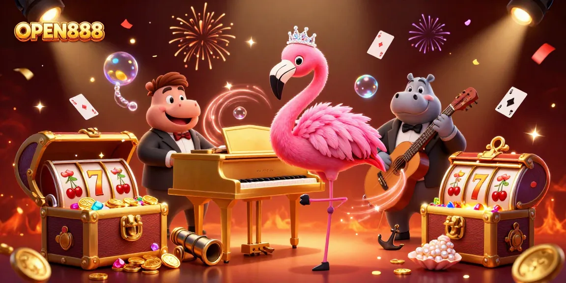 Engage with OPEN888's vibrant casino world featuring a lively flamingo singer and a stylish hippo bassist.