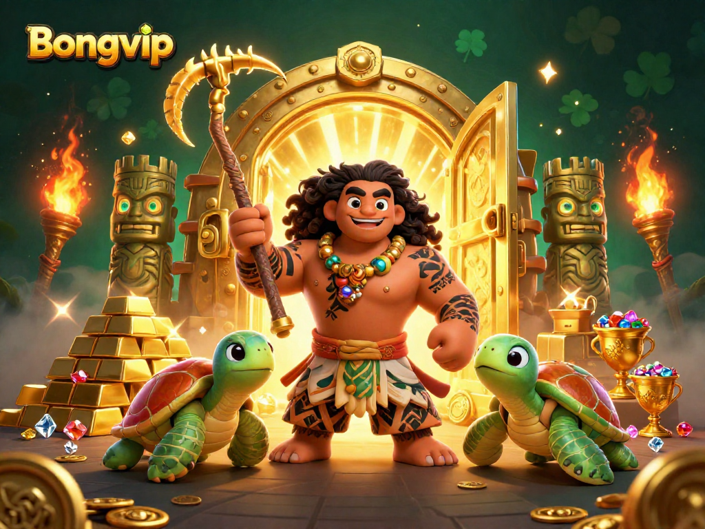 Experience the thrill of Bongvip as the Maui demigod and turtle explore a treasure-filled casino scene.