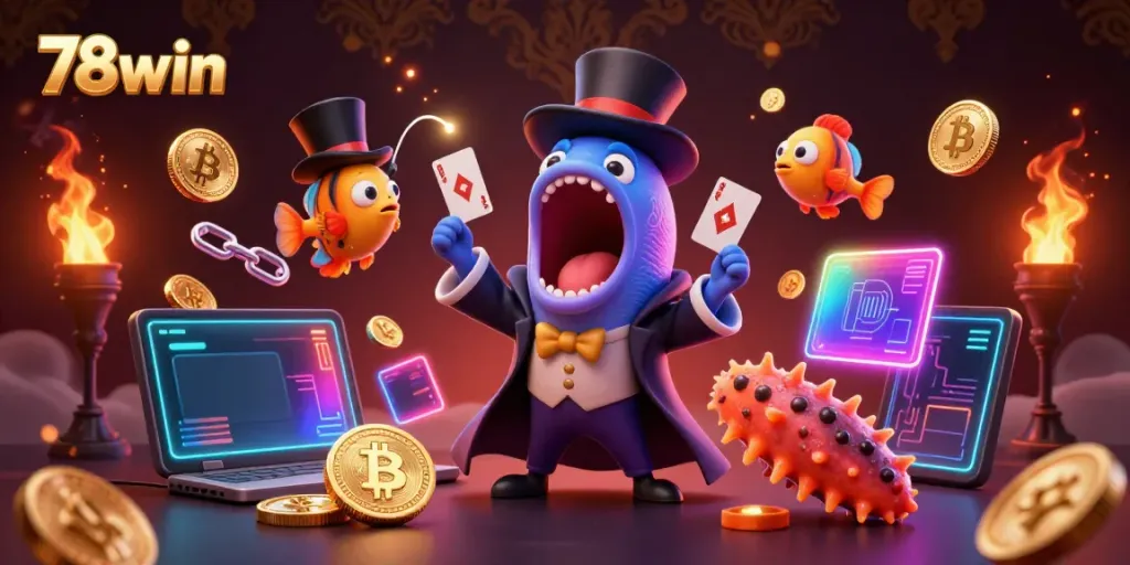 Engage in thrilling casino magic with 78win, featuring a bioluminescent eel and anglerfish performing card tricks.