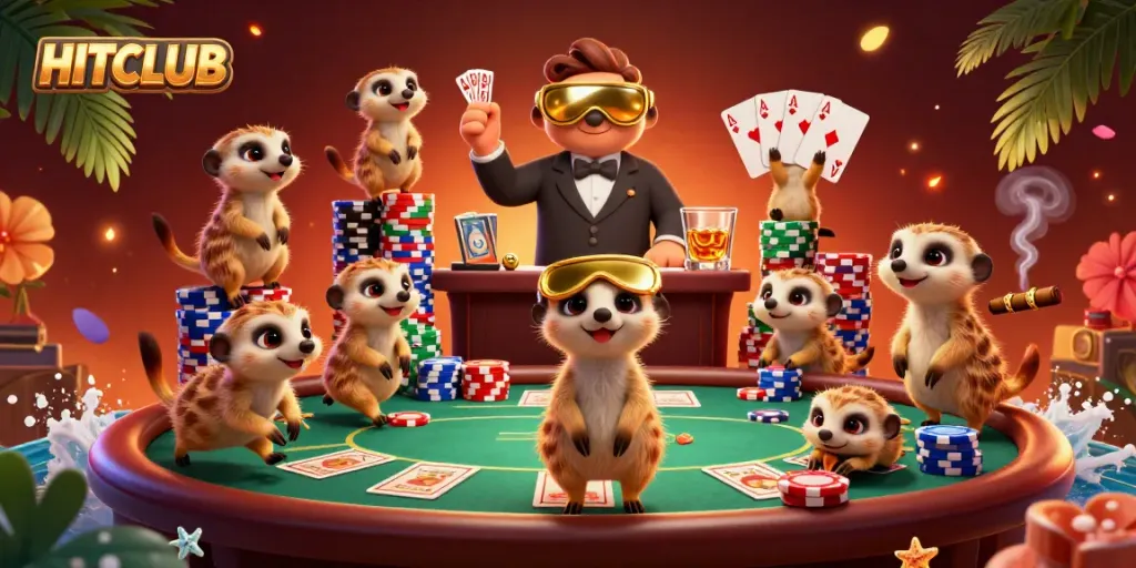 Meerkats run the HITCLUB casino, showcasing poker action and vibrant gaming elements.