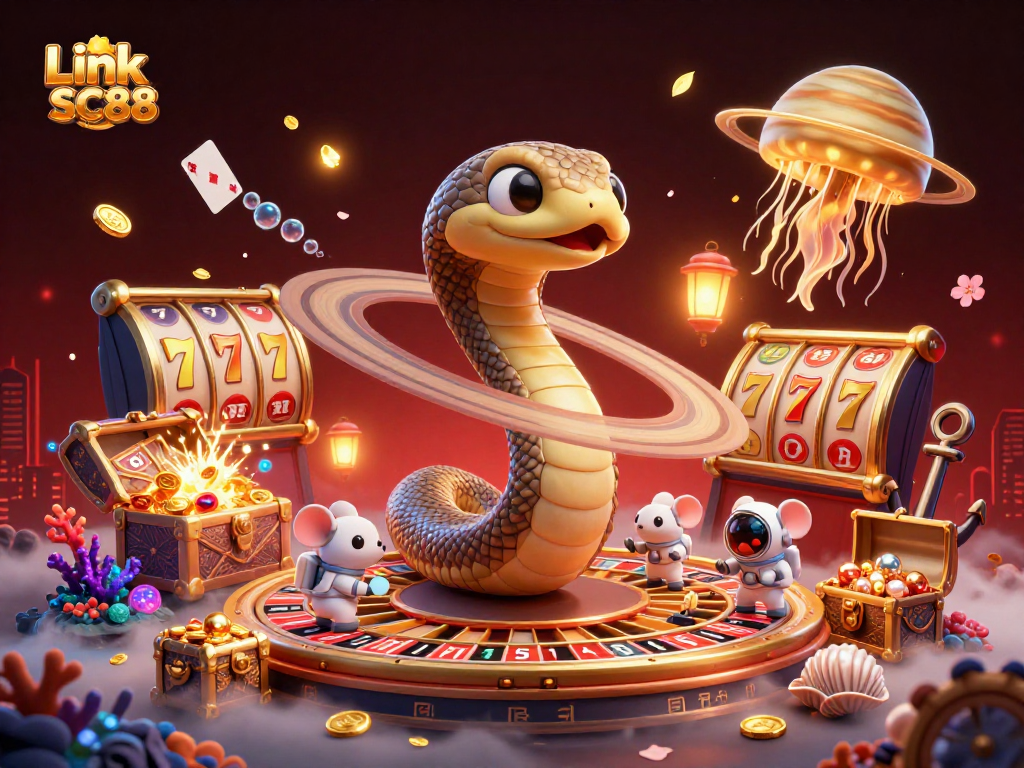 Engaging gambling scene showcasing Link SC88 mới nhất, featuring characters betting in a cosmic casino.