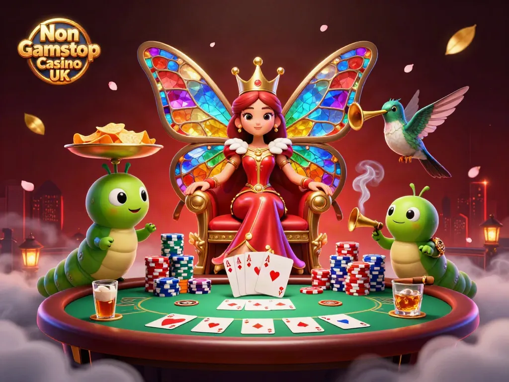 Engage with the whimsical Non Gamstop Casino UK scene featuring a cartoon butterfly queen and captivating casino elements.