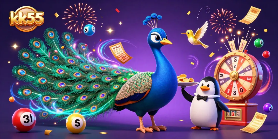 Explore kk55's vibrant casino atmosphere as characters celebrate with sparkling rewards and dynamic lottery elements.