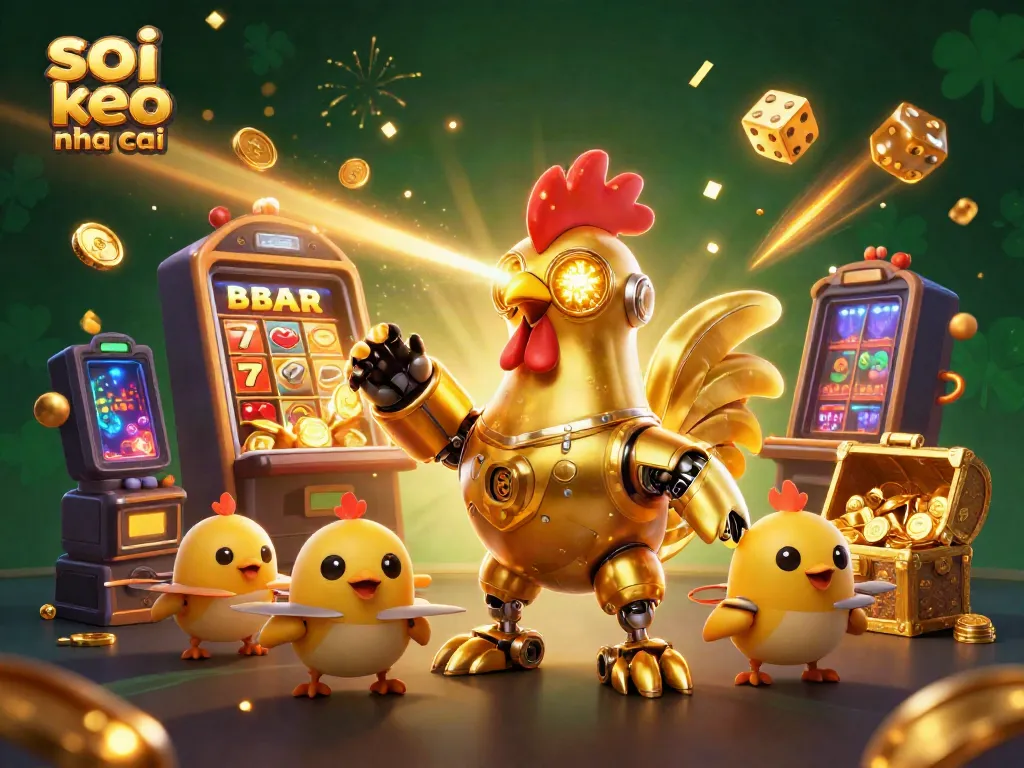 Exciting illustration of soi keo nha cai with a golden rooster robot and vibrant casino elements.