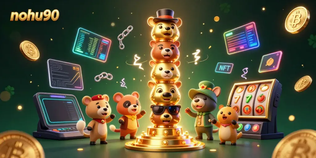 Experience the vibrant world of nohu90 with lively slot character totems and crypto elements.