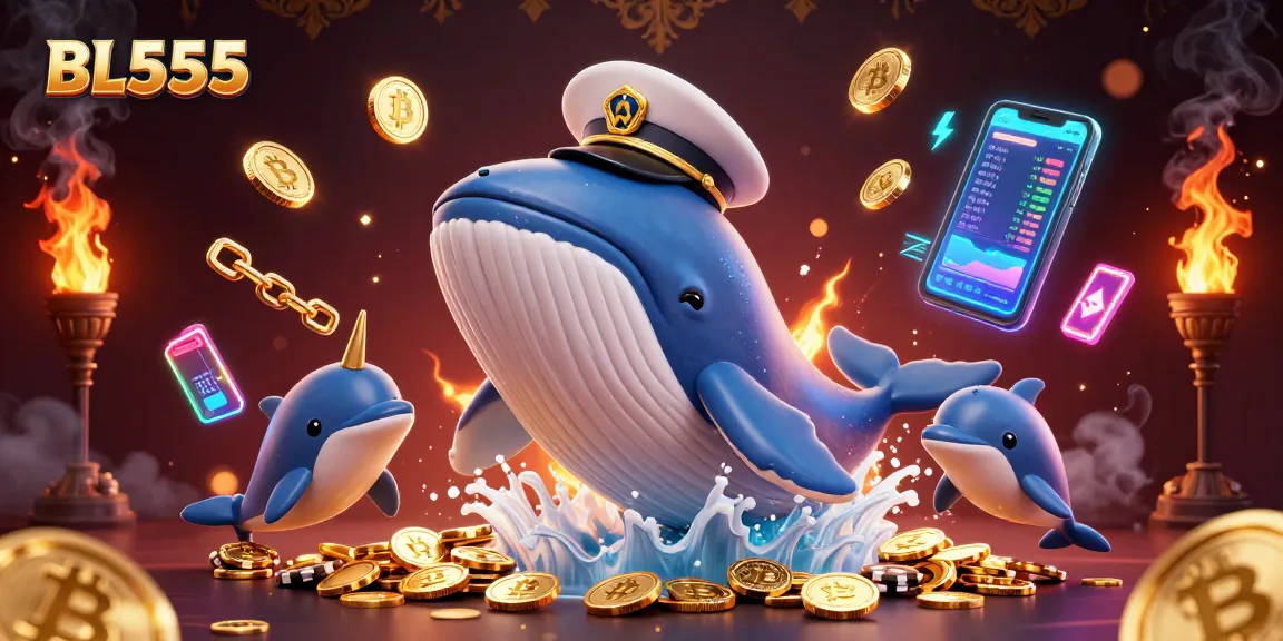 Engage with BL555 as the whale captain breaching a sea of coins in a vibrant casino environment.