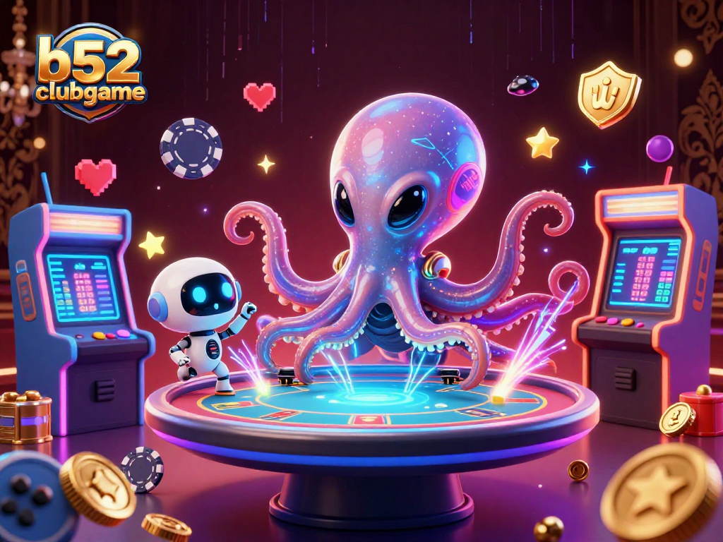 Join the fun at b52clubgame with an alien octopus dealing poker in a vibrant casino scene.