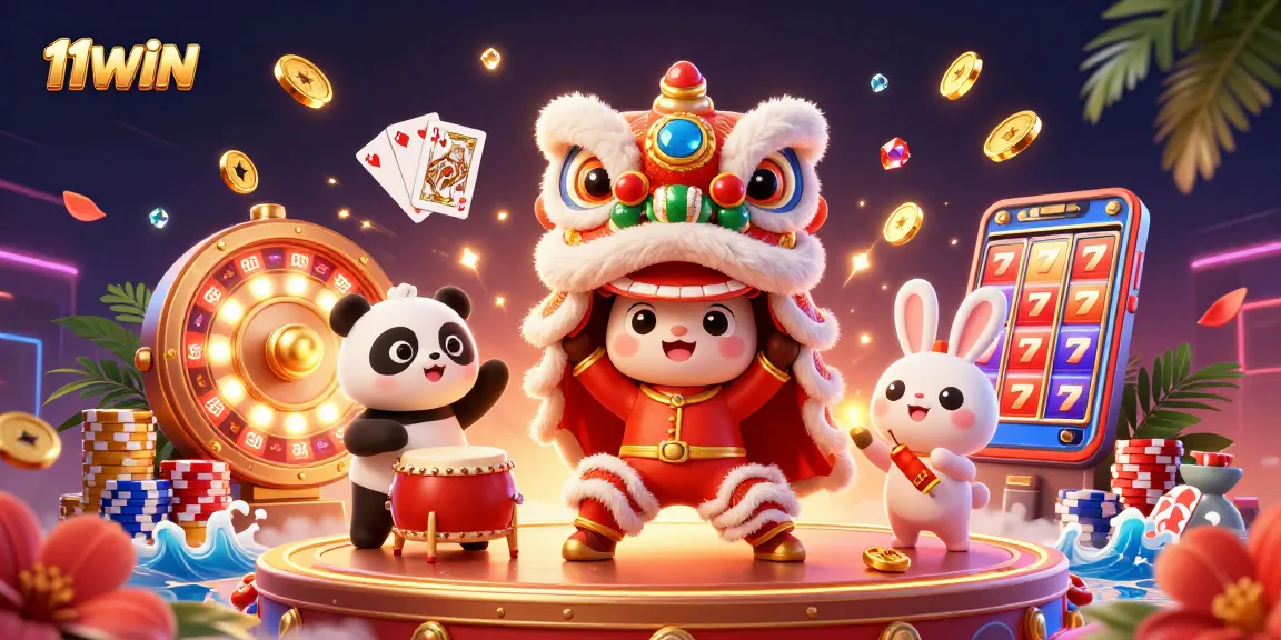 Engage with thrilling 11WIN casino excitement featuring lucky symbols and vibrant characters.