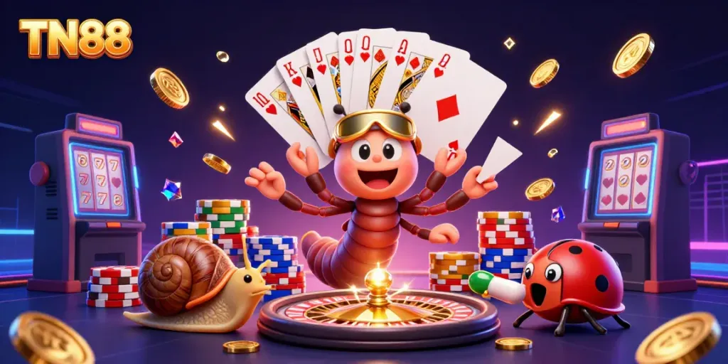 Engage in slot excitement with TN88 at a vibrant casino scene featuring animated characters and thrilling gameplay!