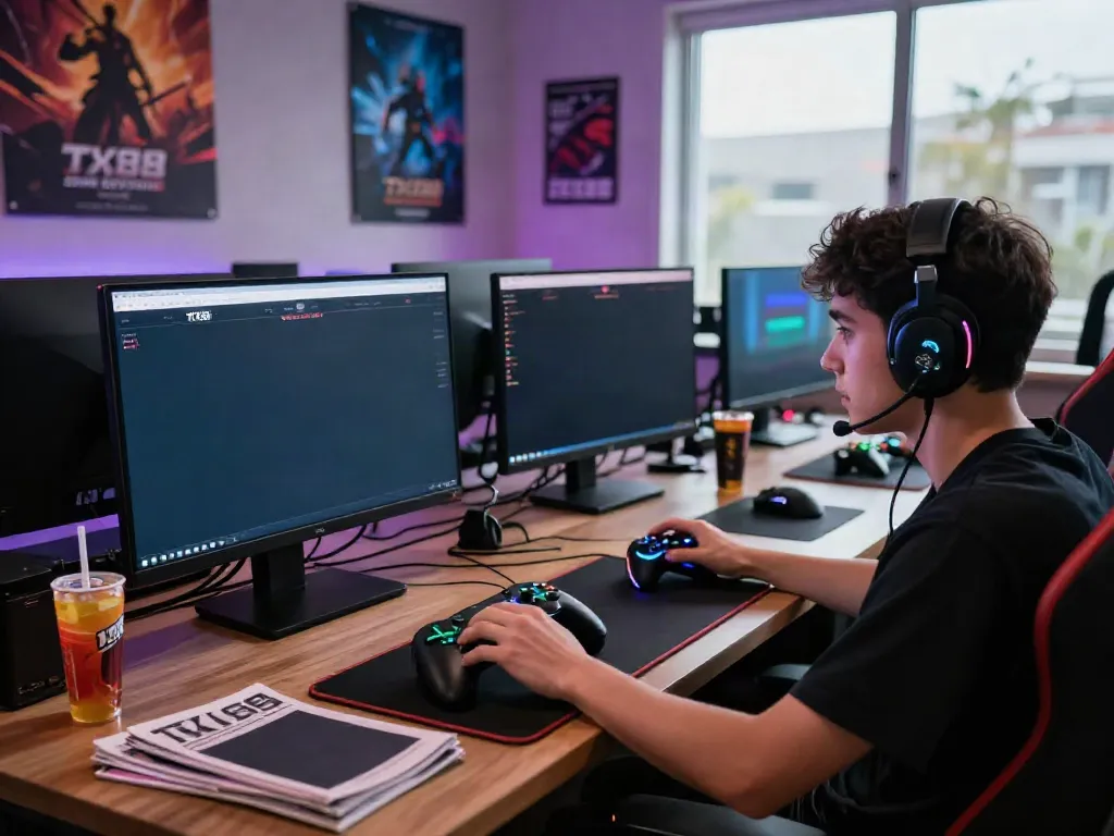Focused player engaging with TX88 online betting website in a vibrant gaming room.