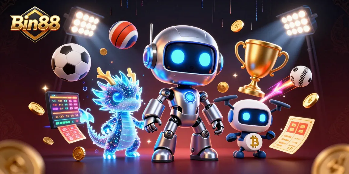 Join the action with Bin88 as a cyberpunk robot and AI dragon assist in a vibrant 3D casino scene.