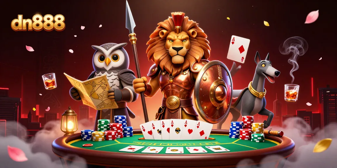 Engage in thrilling gaming at dn888 with a vibrant 3D casino scene of classic poker.