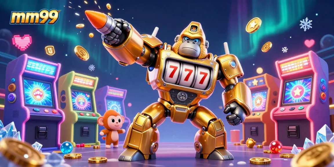 Experience exhilarating gameplay at mm99 with a transformer-style golden gorilla mech and vibrant arcade elements.