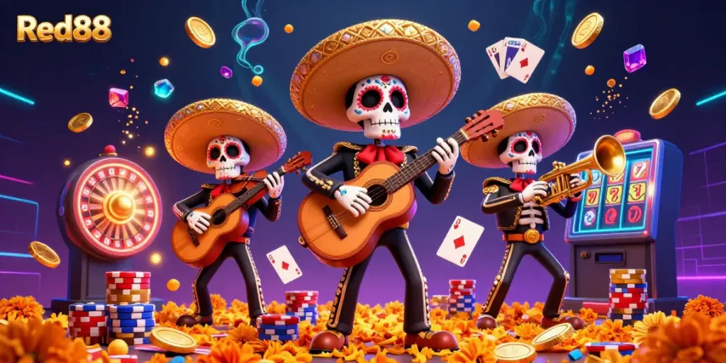 Experience the thrill of Red88 with a lively mariachi band amidst golden coins and roulette wheels.