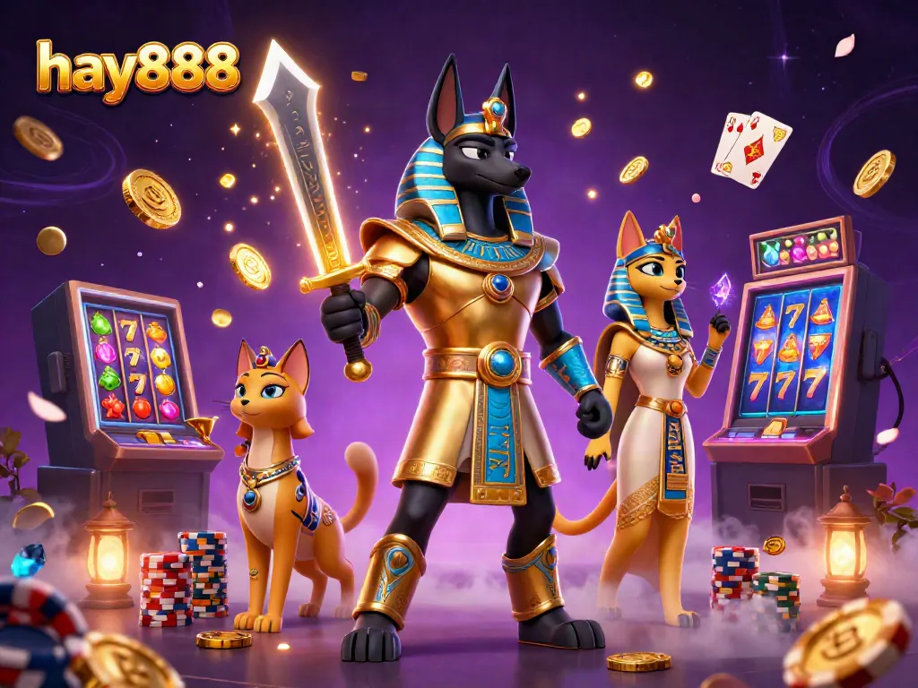 Experience the excitement of hay888 with golden gems and slot symbols in a vibrant casino scene.